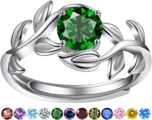 0.8CT Adjustable Women Leaf Ring, White Gold Birthstone Rings for Women Adjustable Wedding Ring for Women Simulated Gemstone Statement Engagement Stackable Open Size 5-9