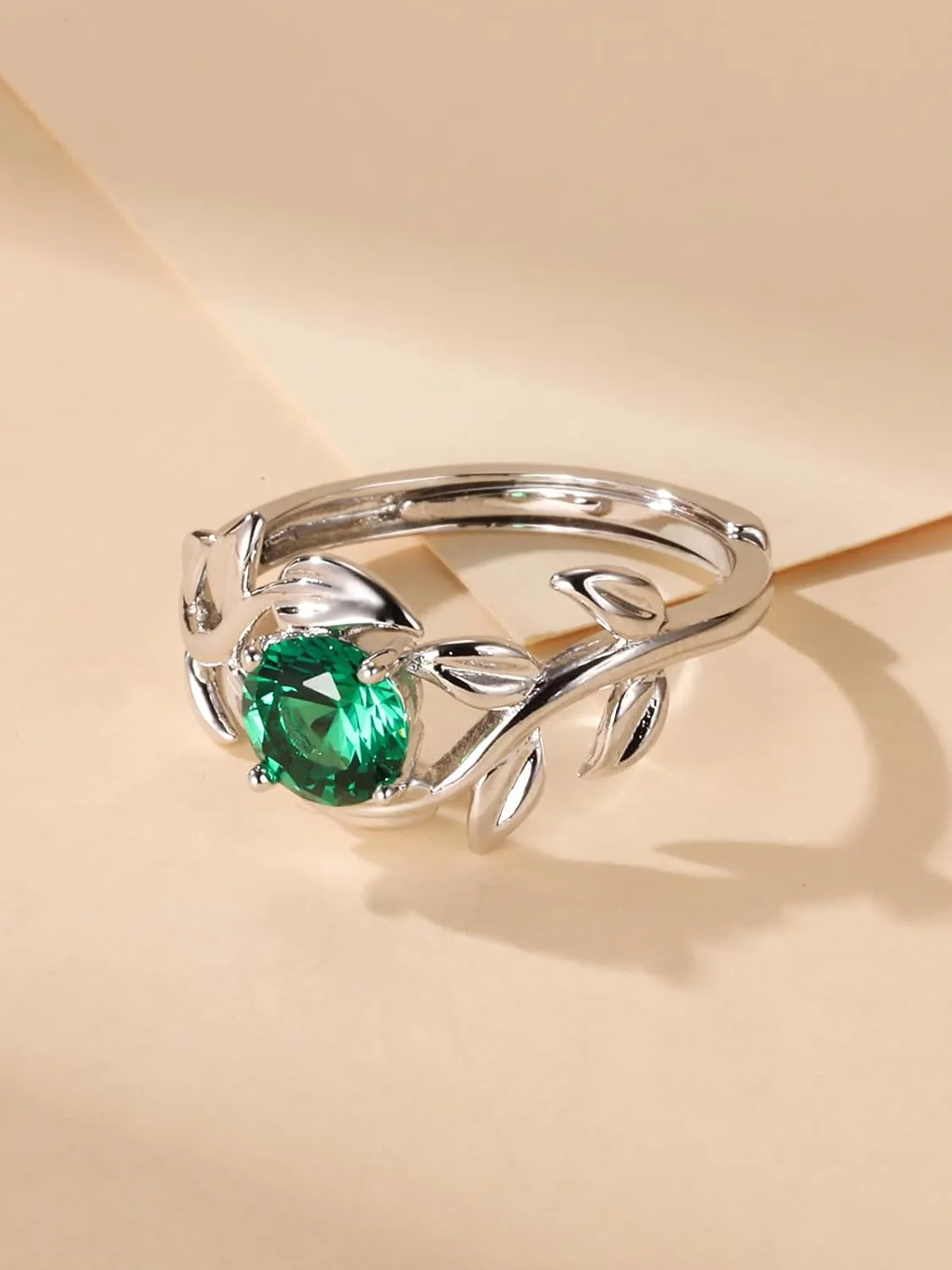 0.8CT Adjustable Women Leaf Ring, White Gold Birthstone Rings for Women Adjustable Wedding Ring for Women Simulated Gemstone Statement Engagement Stackable Open Size 5-9