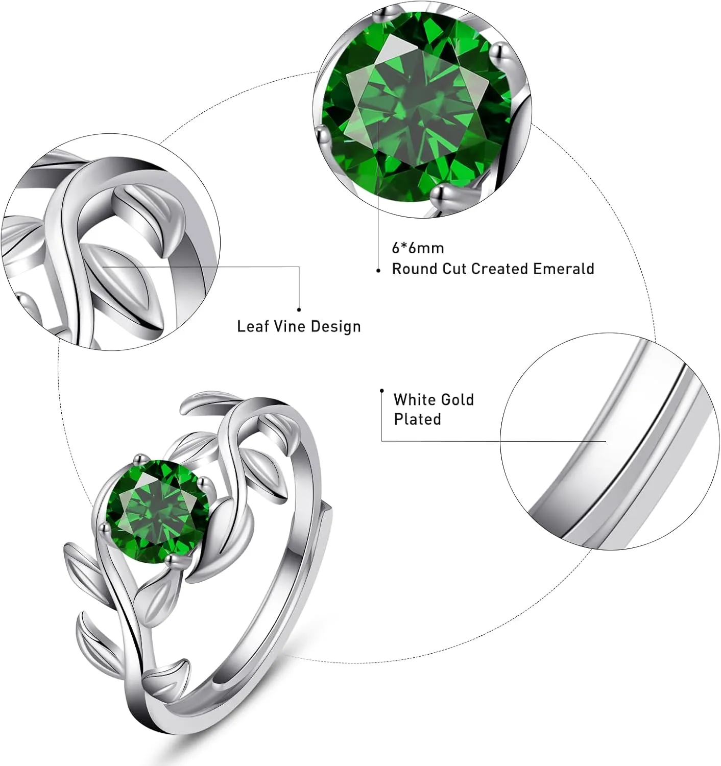 0.8CT Adjustable Women Leaf Ring, White Gold Birthstone Rings for Women Adjustable Wedding Ring for Women Simulated Gemstone Statement Engagement Stackable Open Size 5-9