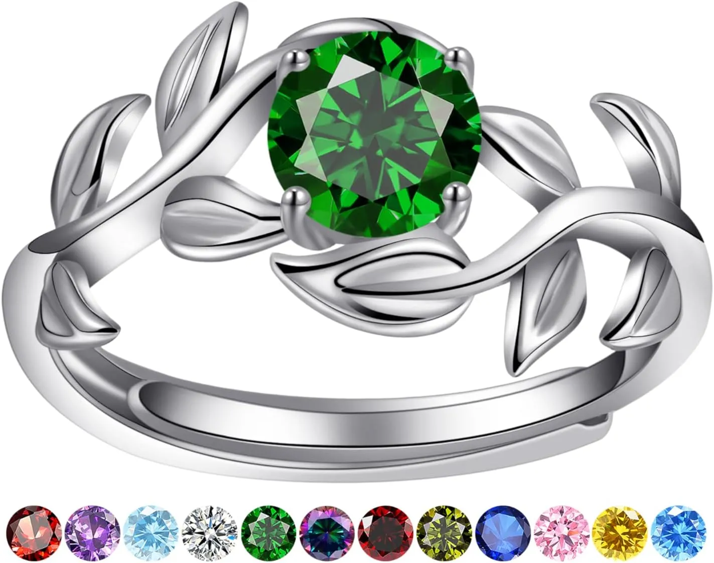 0.8CT Adjustable Women Leaf Ring, White Gold Birthstone Rings for Women Adjustable Wedding Ring for Women Simulated Gemstone Statement Engagement Stackable Open Size 5-9