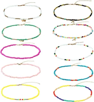 10 PCS Colorful Beaded Choker Necklaces for Women, Adjustable Handmade Boho Necklaces with Butterfly and Starfish Summer Beach Bead Choker, Cute Inspired Beaded Necklace Gift