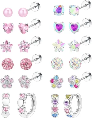 10/12 Pairs Hypoallergenic Flat Back Earrings - Stainless Steel Set for Sensitive Ears - Cute Girls & Toddler Earrings