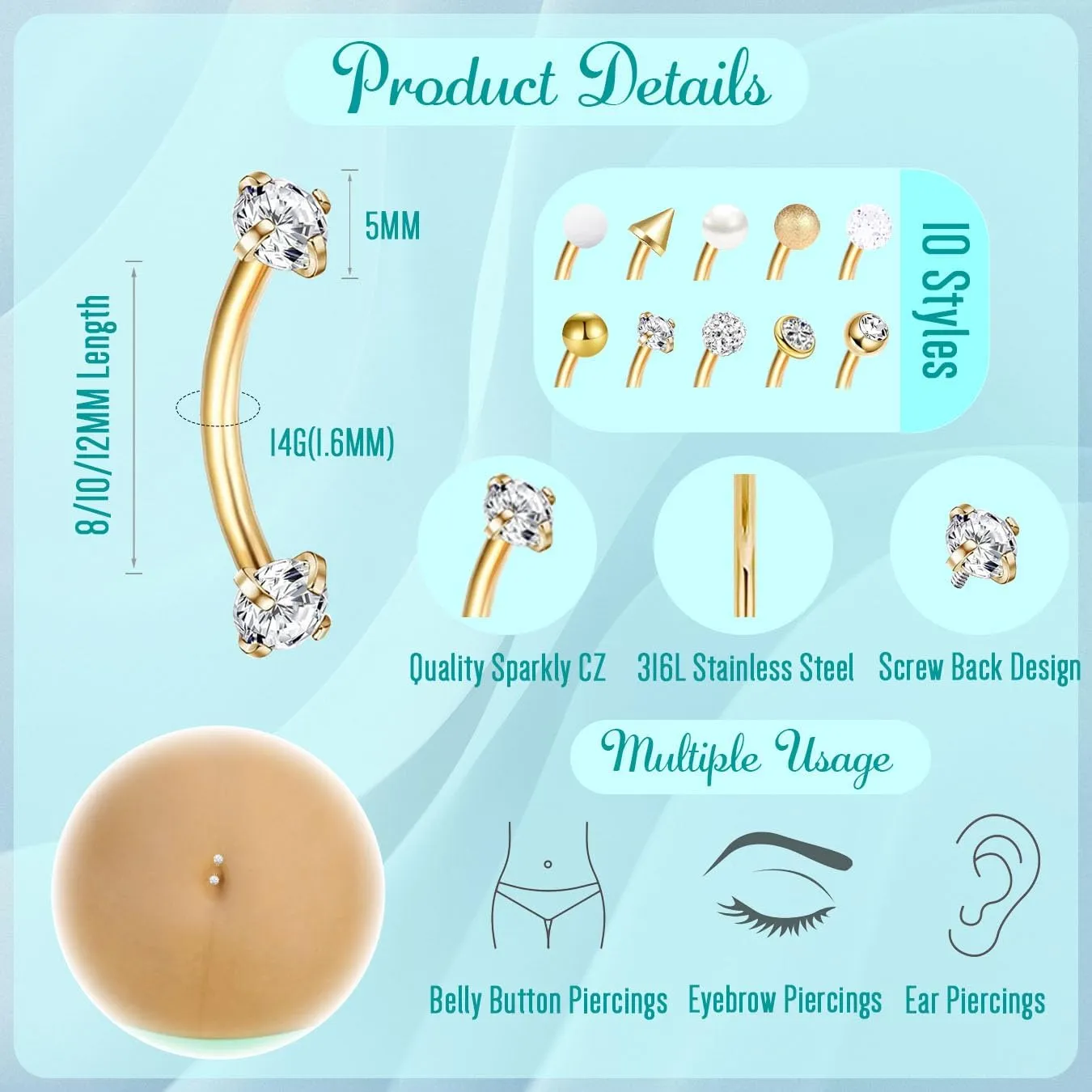 10Pcs 14G 316L Stainless Steel Small Belly Button Rings for Women Tiny Simple Internally Threaded Surgical Steel Hypoallergenic Navel Rings CZ Eyebrow Lip Daith Rook Piercing Jewelry 8-14MM