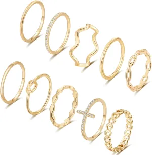 10PCS 14K Gold Plated Stacking Rings for Women Thumb Stackable Knuckle Band Rings Plain Twist Thin Joint Finger Wedding Gold Ring Set for Women Size 4 to 11