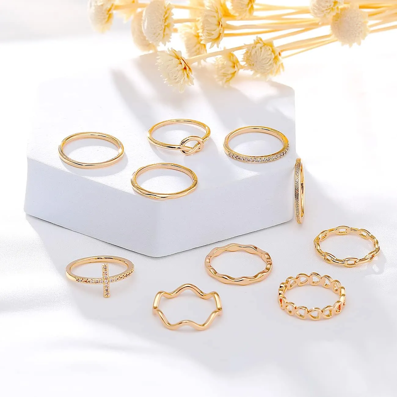 10PCS 14K Gold Plated Stacking Rings for Women Thumb Stackable Knuckle Band Rings Plain Twist Thin Joint Finger Wedding Gold Ring Set for Women Size 4 to 11