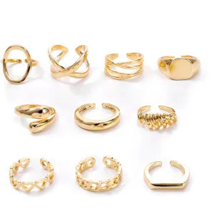 10pcs Chunky Gold Rings For Women Non Tarnish, Stackable Adjustable Rings Set For Teen Womens Dome Braided Twisted Round Signet Open Band Ring Jewelry Accessories Gift Size 6-8