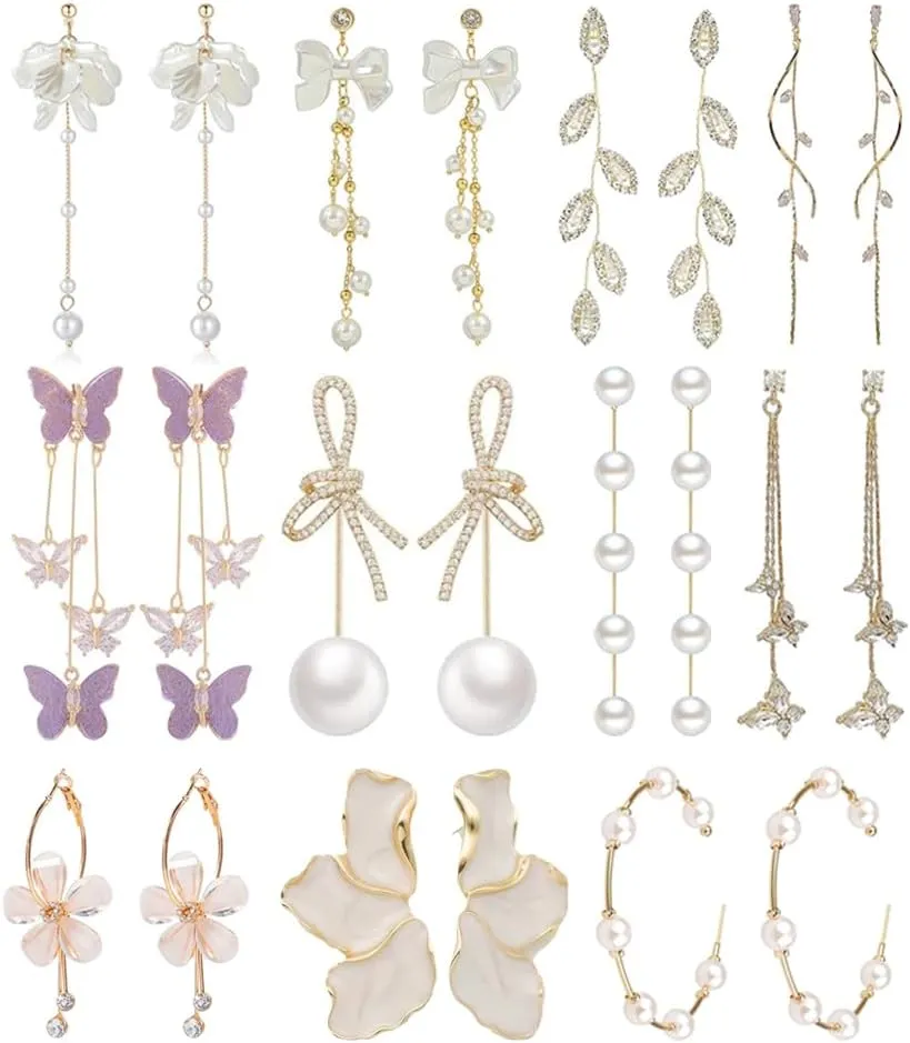 11 Pairs Purple Butterfly Tassel Earrings for Women Long Pearl Earrings Petal Earrings Crystal Rhinestone Drop Earrings Hypoallergenic Elegant Wedding Pearl Tassel Earrings Jewelry Gifts