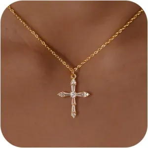 14k Gold Plated Cross Pendant Necklaces for Women Dainty Simple Love Heart Necklaces Trendy Gold Faith Cross Silver Adjustable Religious Necklace Jewelry Gifts for Her