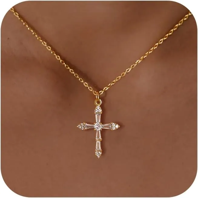 14k Gold Plated Cross Pendant Necklaces for Women Dainty Simple Love Heart Necklaces Trendy Gold Faith Cross Silver Adjustable Religious Necklace Jewelry Gifts for Her
