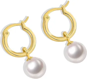14K Gold/White Gold Plated Minimalist Pearl Hoop Earrings,Huggies Dangle Earrings Jewelry