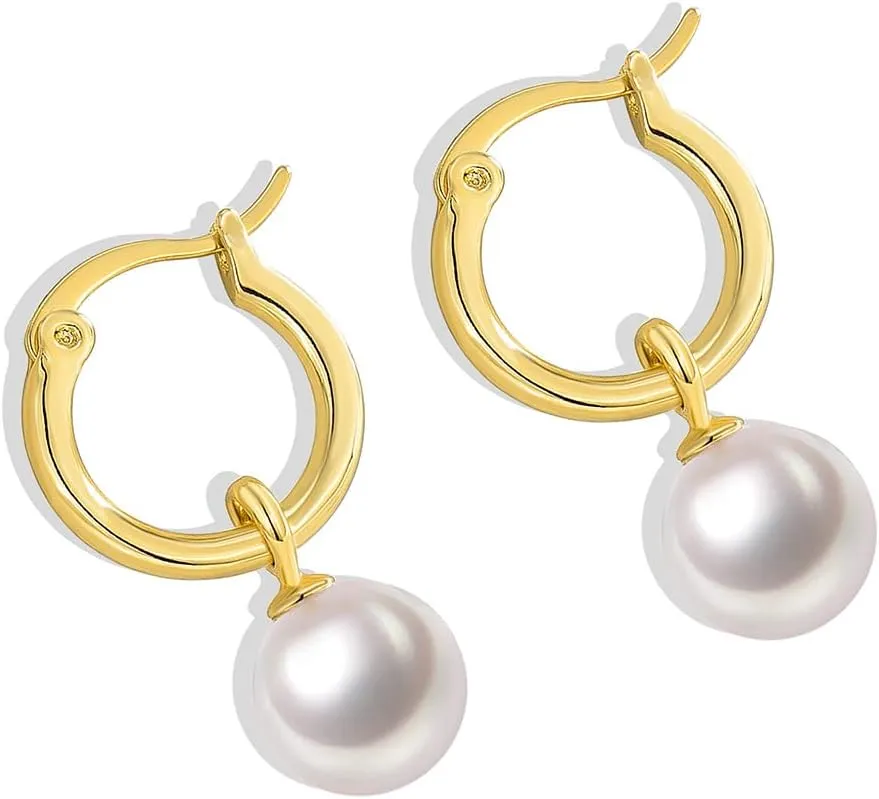 14K Gold/White Gold Plated Minimalist Pearl Hoop Earrings,Huggies Dangle Earrings Jewelry