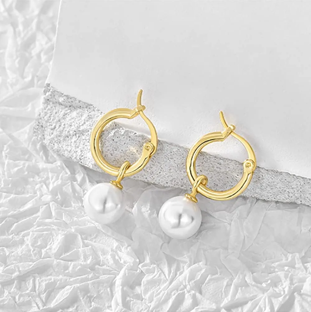 14K Gold/White Gold Plated Minimalist Pearl Hoop Earrings,Huggies Dangle Earrings Jewelry