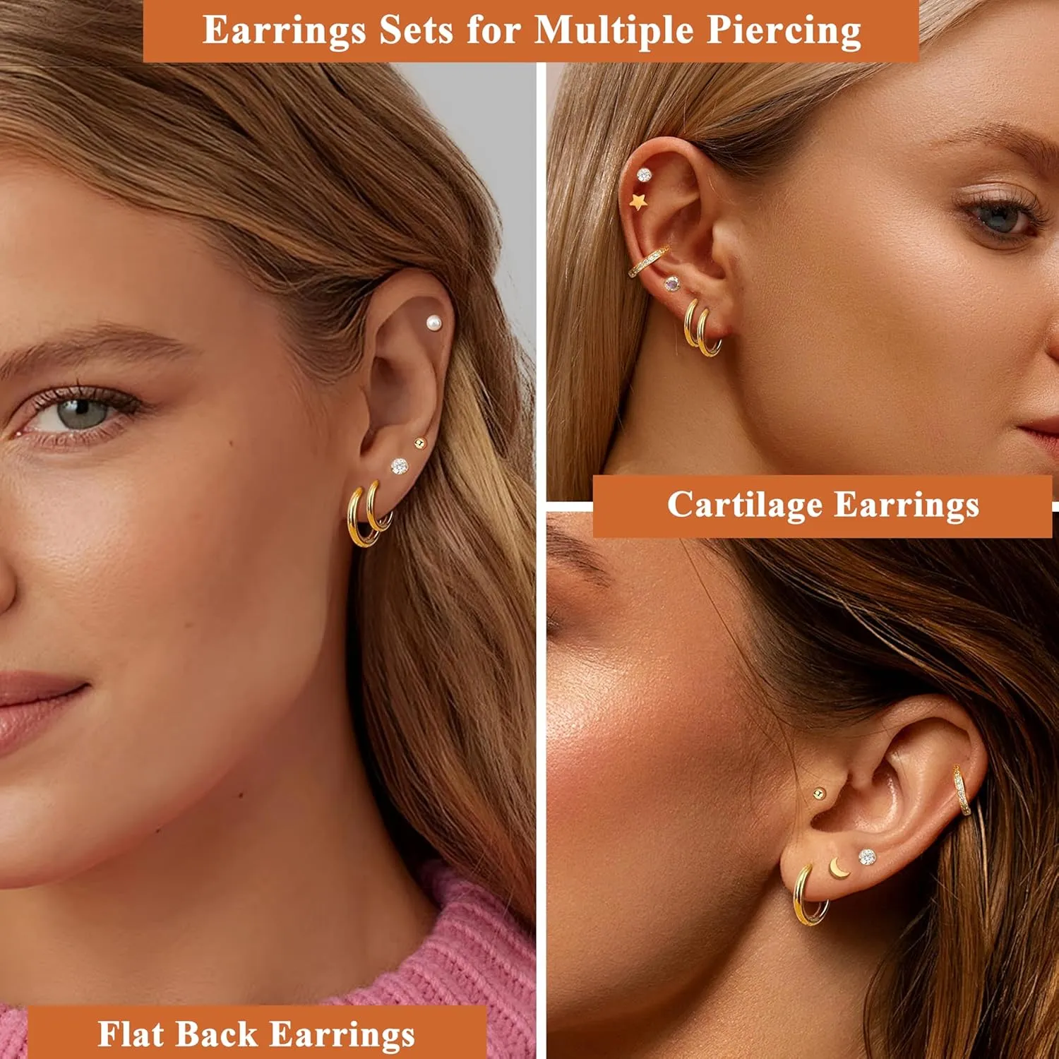 15 Pairs Small Hypoallergenic Surgical Steel Earrings for Sensitive Ears 14K Gold Plated CZ Opal Flower Flat Back Stud Earrings for Women Men Screw Back Cartilage Earring Set for Multiple Piercing 6/8/10mm Hoop Earrings Set