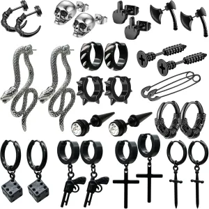 15 Pairs Y2K Gothic Punk Earrings - Black Stainless Steel with Cross Skull Snake Axe Screw Cone Middle Finger Paper Clip, Men & Women's Jewelry