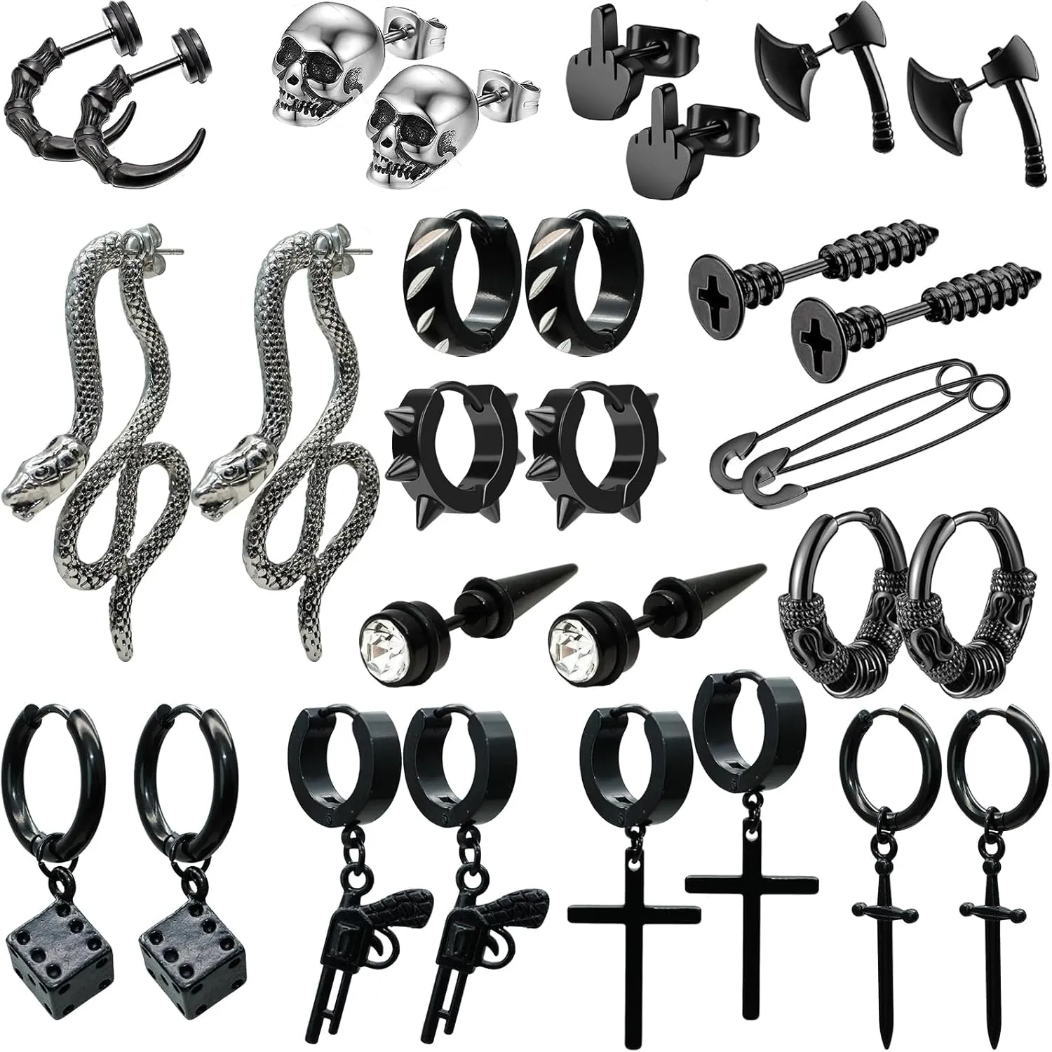 15 Pairs Y2K Gothic Punk Earrings - Black Stainless Steel with Cross Skull Snake Axe Screw Cone Middle Finger Paper Clip, Men & Women's Jewelry