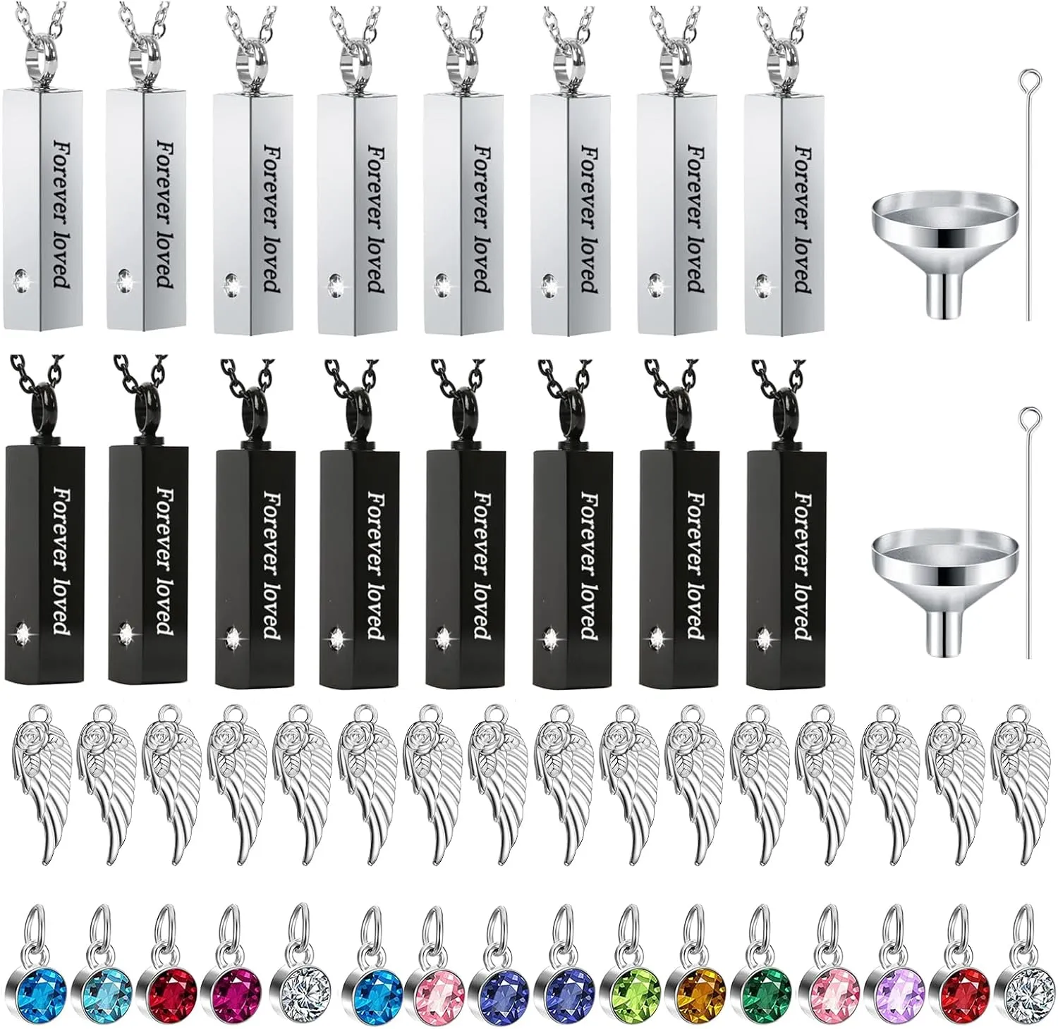 16 Pcs Urn Necklace For Ashes Urn Necklace Stainless Steel Cremation Jewelry For Women Men Cylinder Memorial Necklaces Keepsake Pendant With Funnel(Silver,Black)