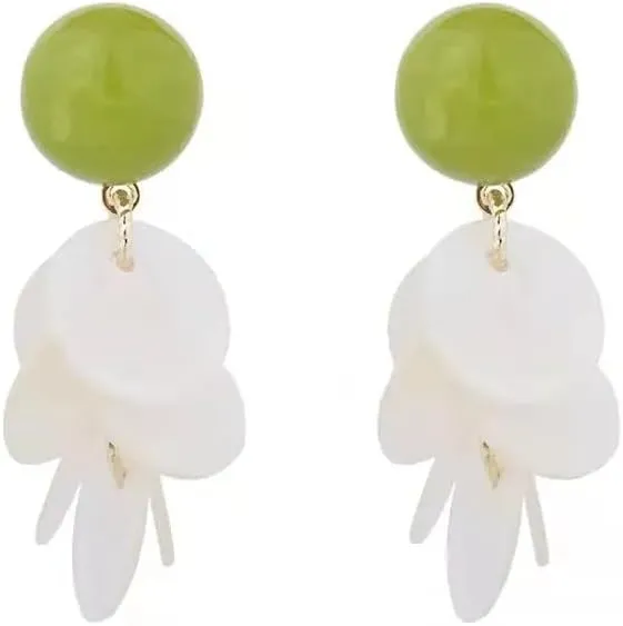 18K Gold Plated Green Bead & White Shell Dangle Earrings  Elegant Lightweight Statement Drop Earrings for Women