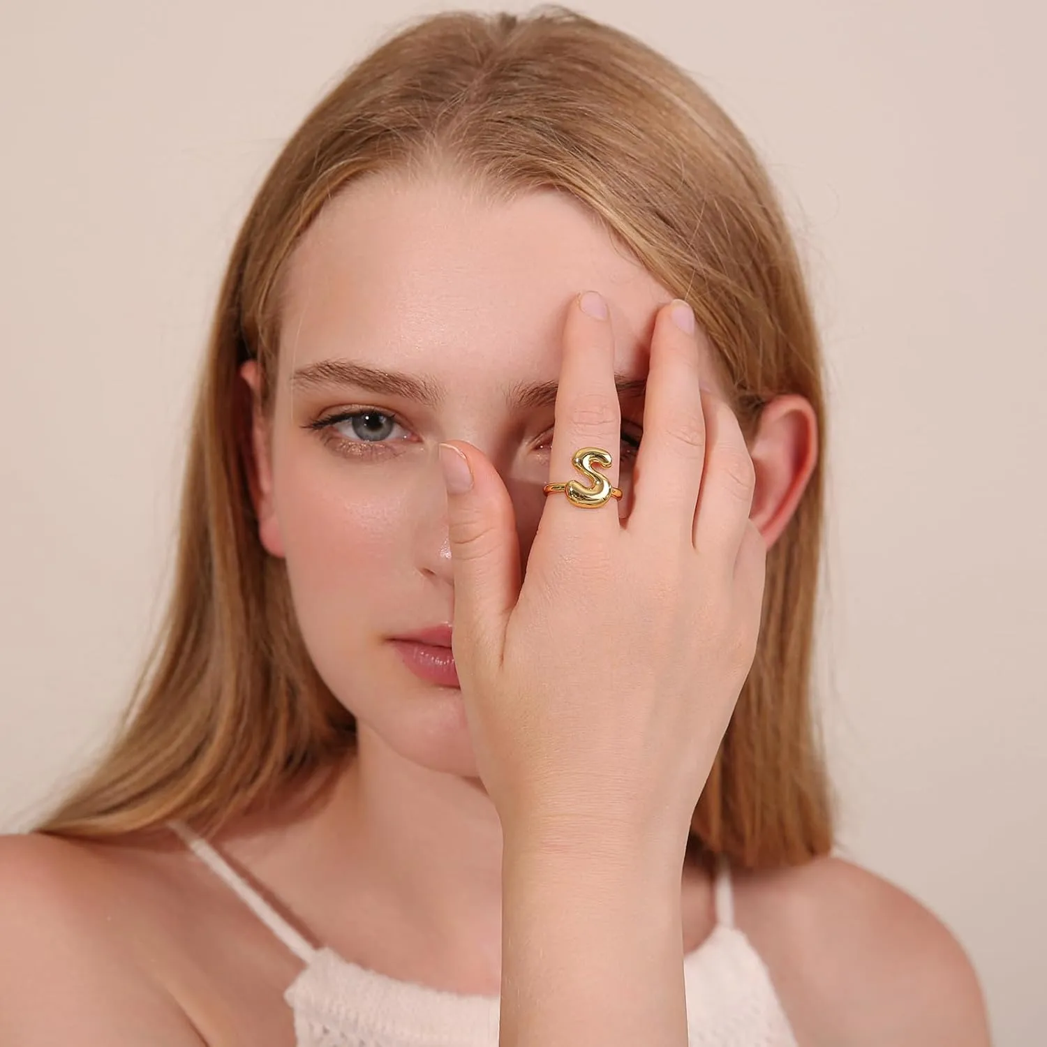 18K Gold Plated Initial Adjustable Ring for Women