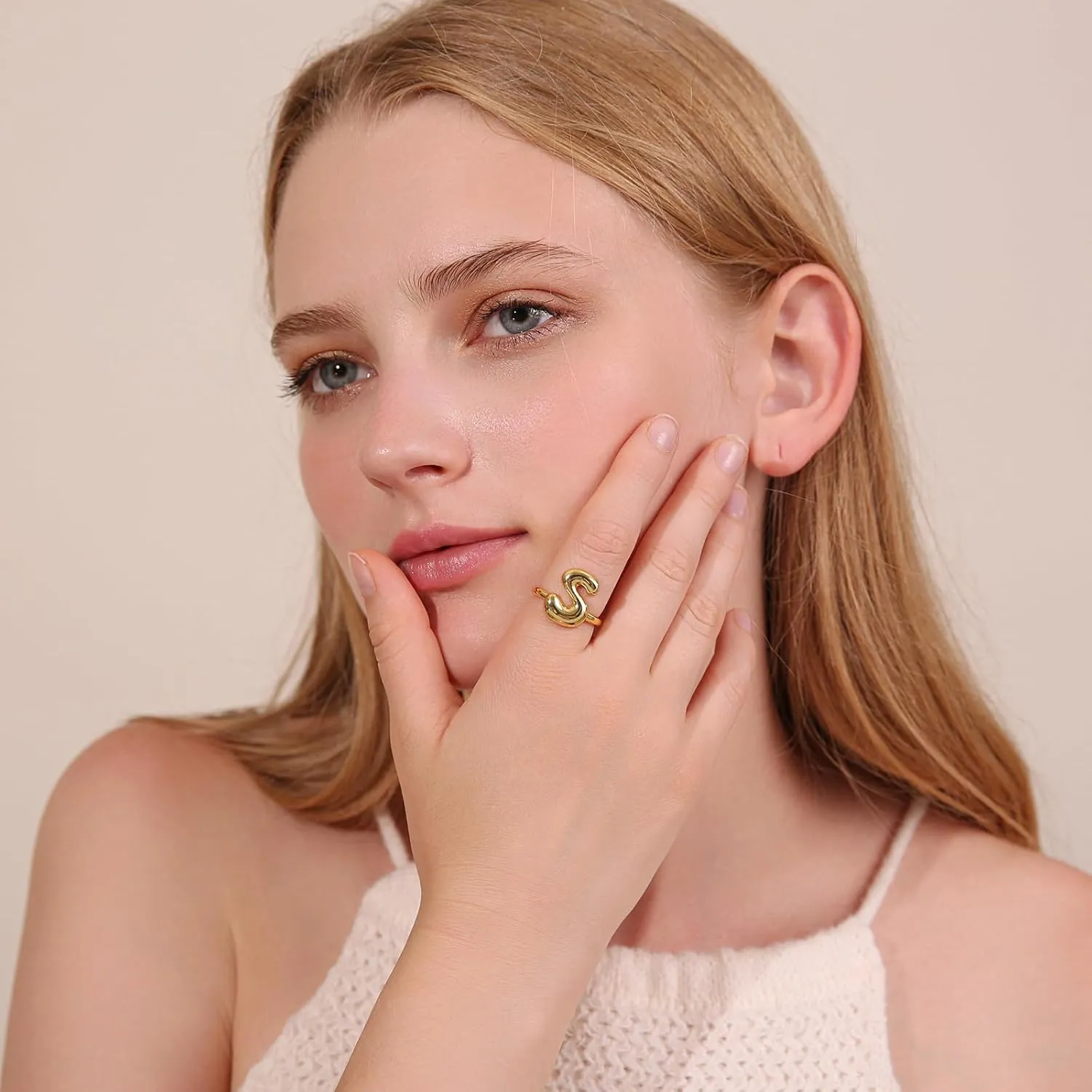 18K Gold Plated Initial Adjustable Ring for Women