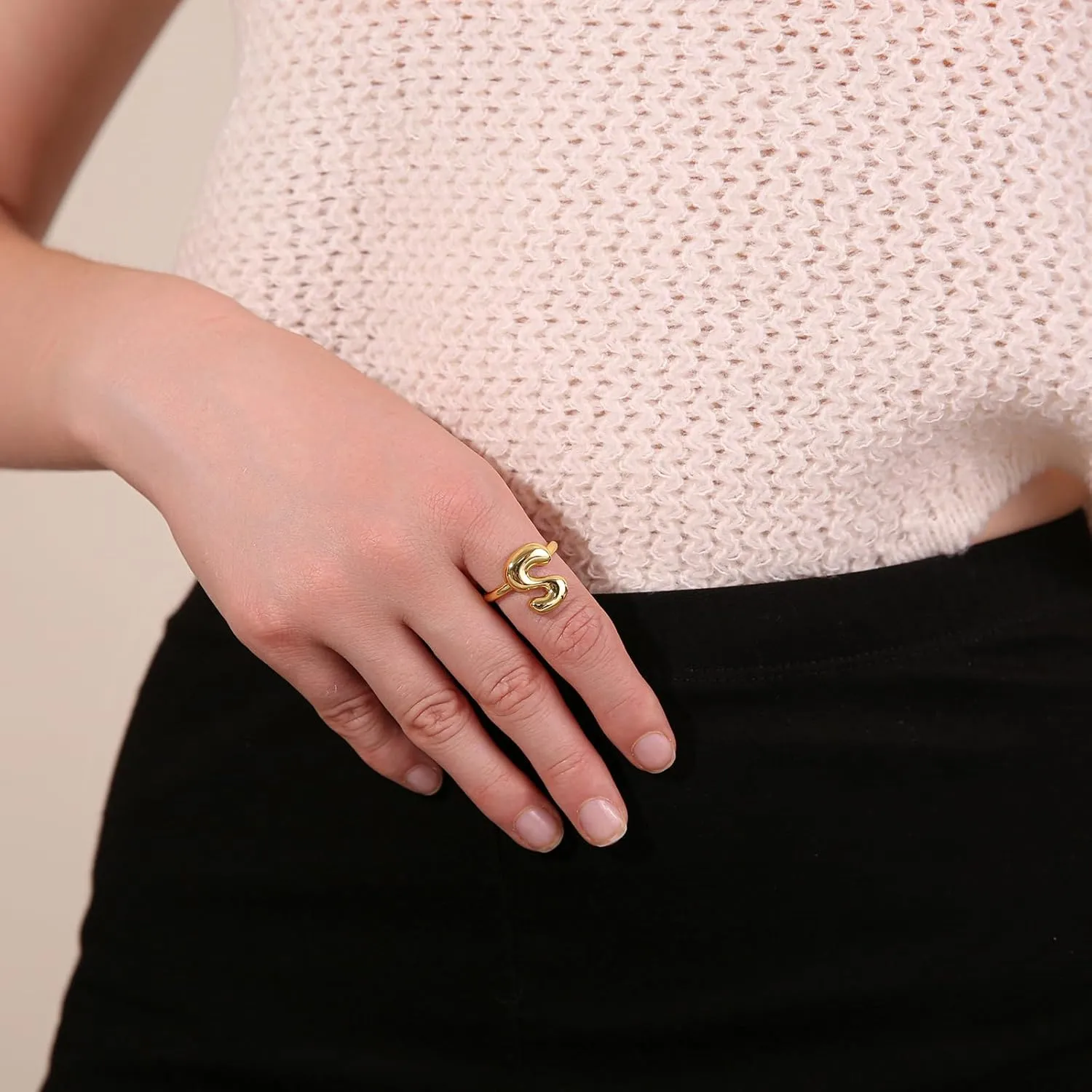 18K Gold Plated Initial Adjustable Ring for Women