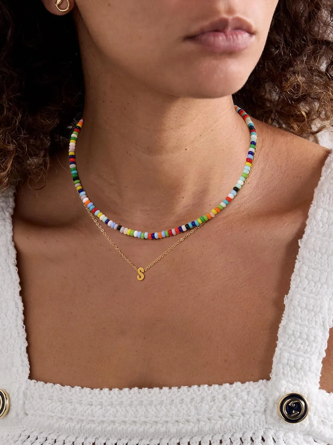 18K Gold Plated Layered Initial A-Z Necklace for Women Rainbow Gemstone Choker Set Colorful Summer Beach Jewelry Gifts Sister, best friend, Birthday.Anniversary or teens