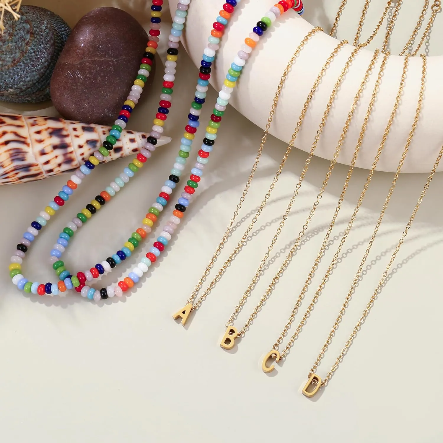 18K Gold Plated Layered Initial A-Z Necklace for Women Rainbow Gemstone Choker Set Colorful Summer Beach Jewelry Gifts Sister, best friend, Birthday.Anniversary or teens