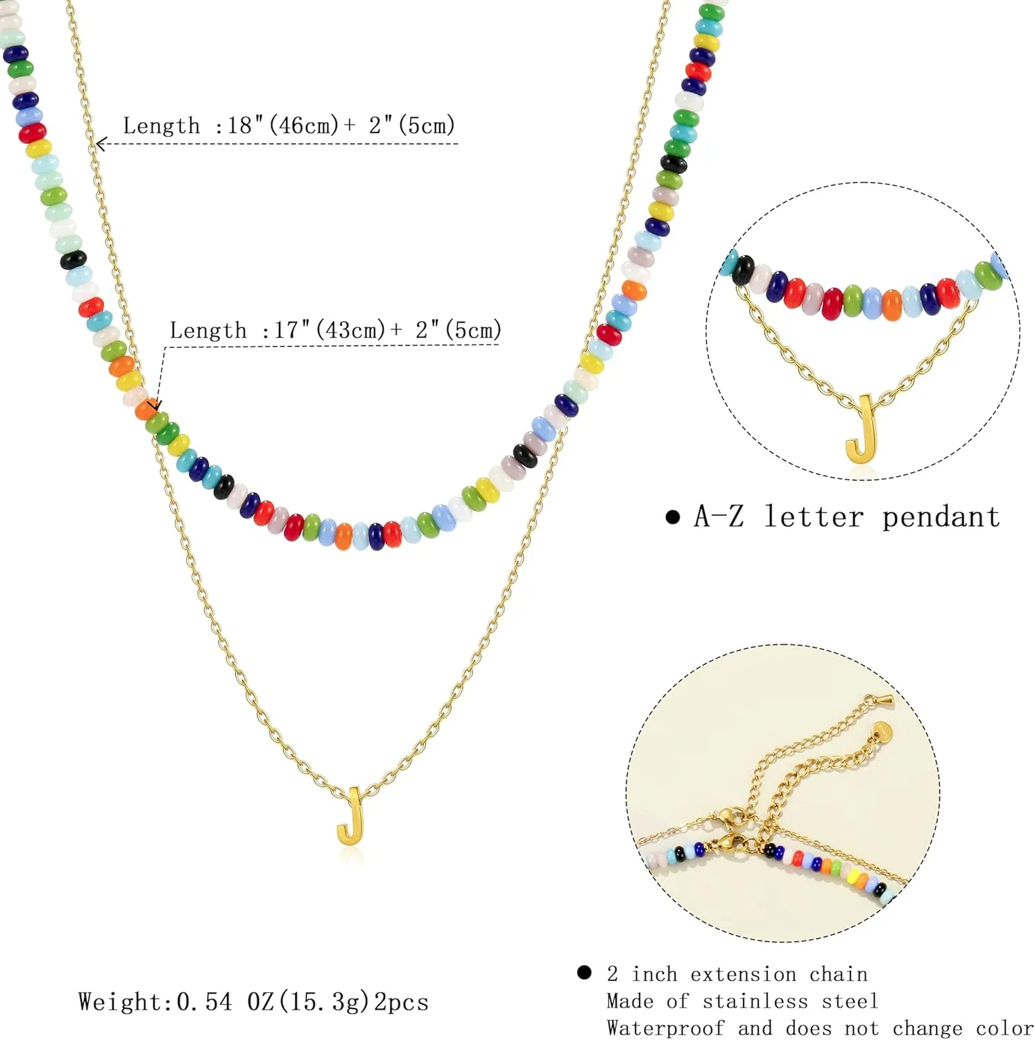 18K Gold Plated Layered Initial A-Z Necklace for Women Rainbow Gemstone Choker Set Colorful Summer Beach Jewelry Gifts Sister, best friend, Birthday.Anniversary or teens