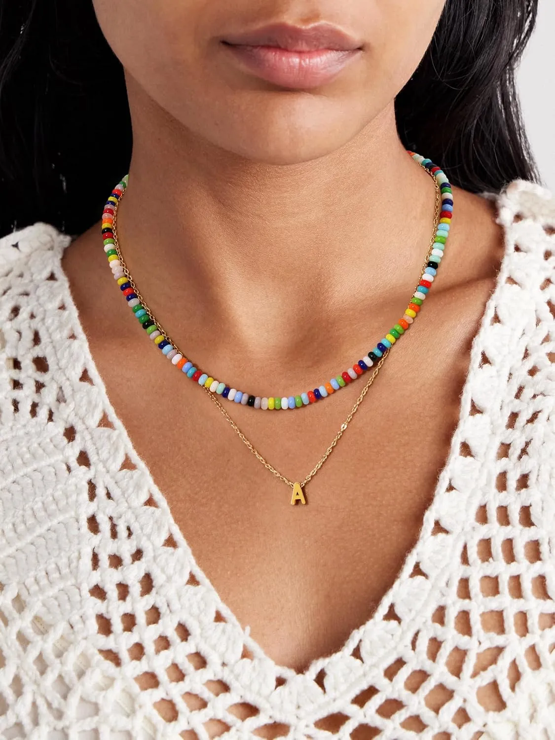18K Gold Plated Layered Initial A-Z Necklace for Women Rainbow Gemstone Choker Set Colorful Summer Beach Jewelry Gifts Sister, best friend, Birthday.Anniversary or teens