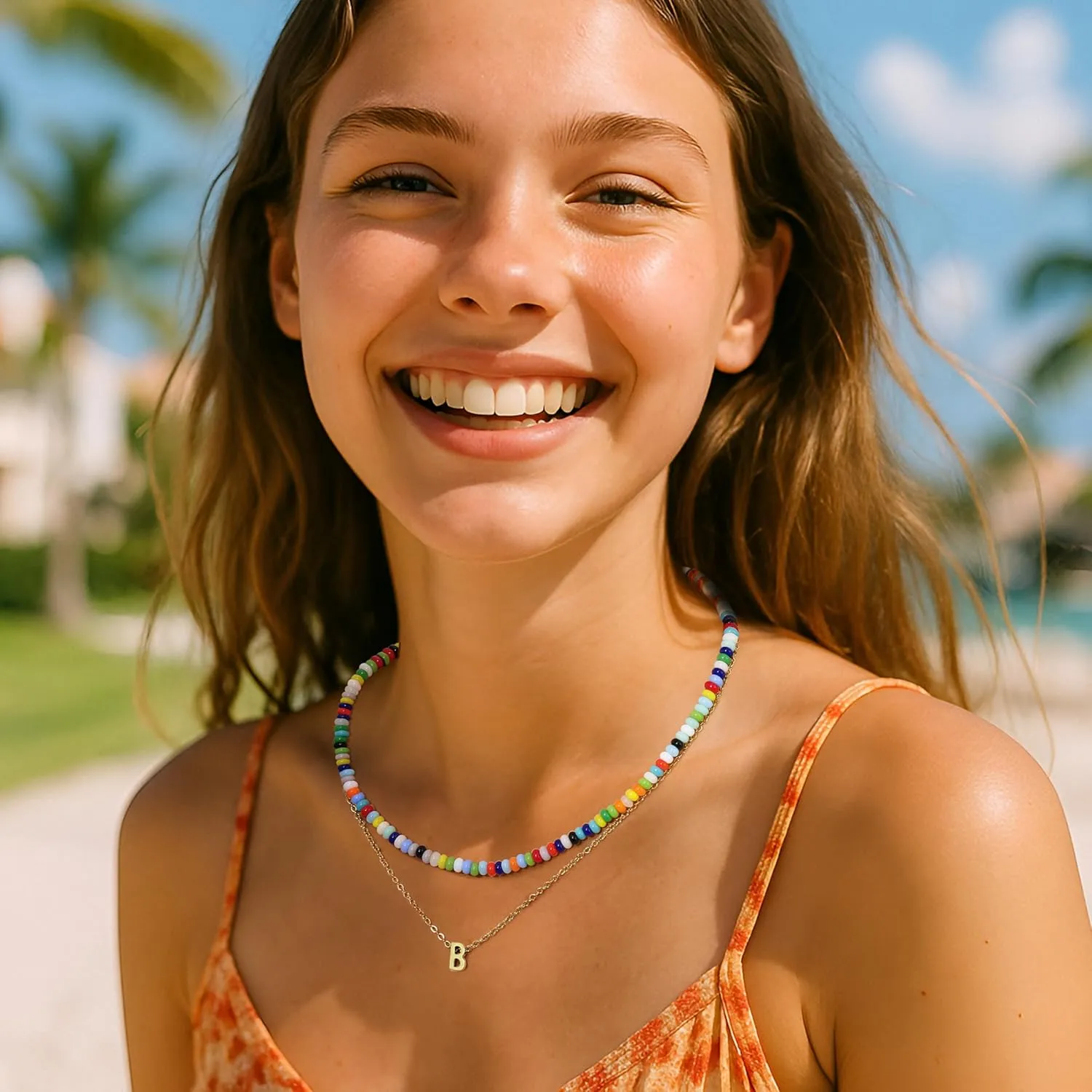 18K Gold Plated Layered Initial A-Z Necklace for Women Rainbow Gemstone Choker Set Colorful Summer Beach Jewelry Gifts Sister, best friend, Birthday.Anniversary or teens