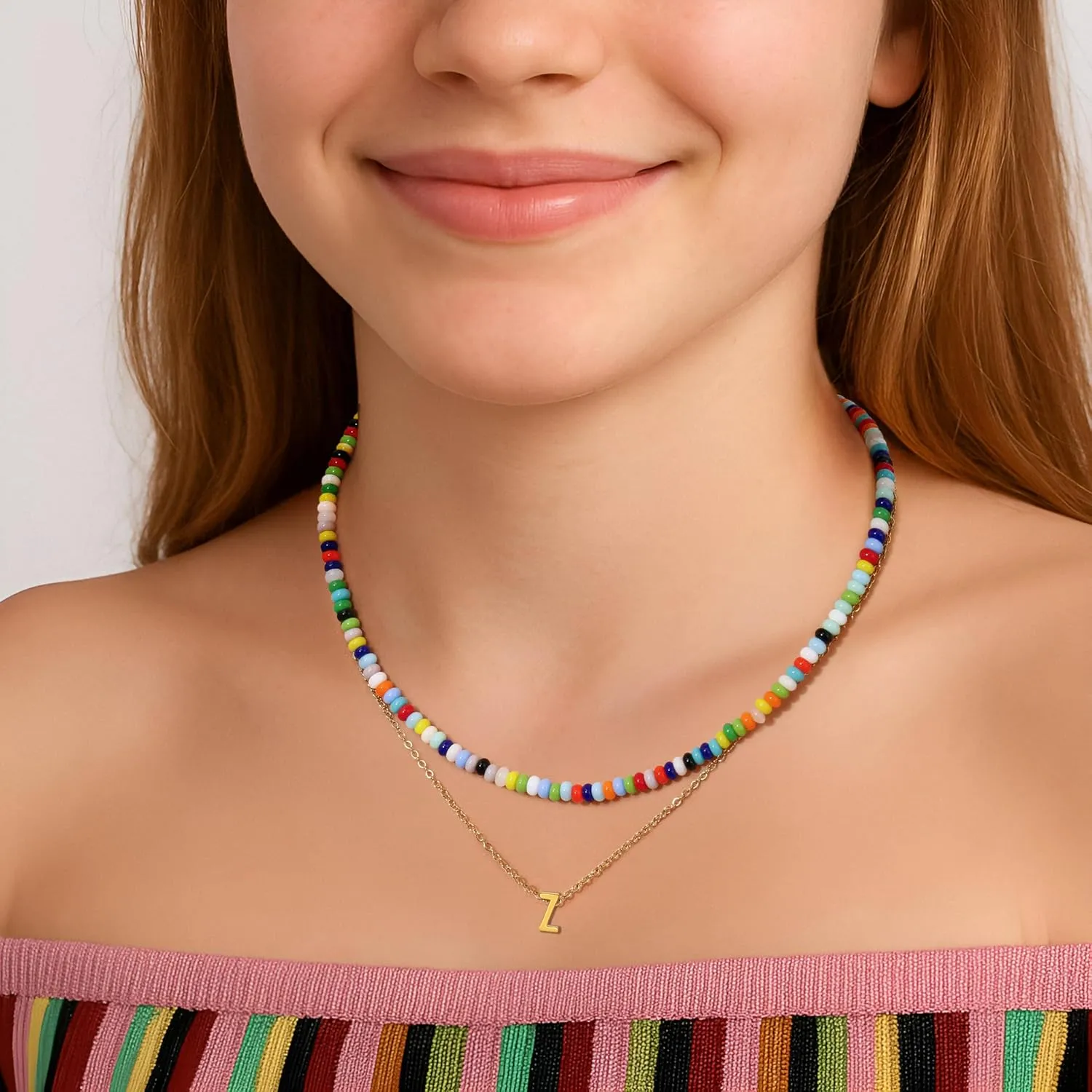 18K Gold Plated Layered Initial A-Z Necklace for Women Rainbow Gemstone Choker Set Colorful Summer Beach Jewelry Gifts Sister, best friend, Birthday.Anniversary or teens