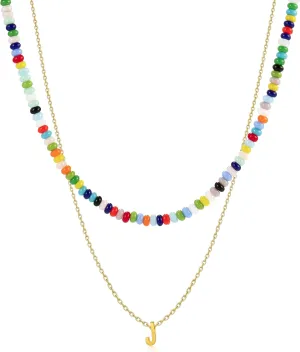 18K Gold Plated Layered Initial A-Z Necklace for Women Rainbow Gemstone Choker Set Colorful Summer Beach Jewelry Gifts Sister, best friend, Birthday.Anniversary or teens
