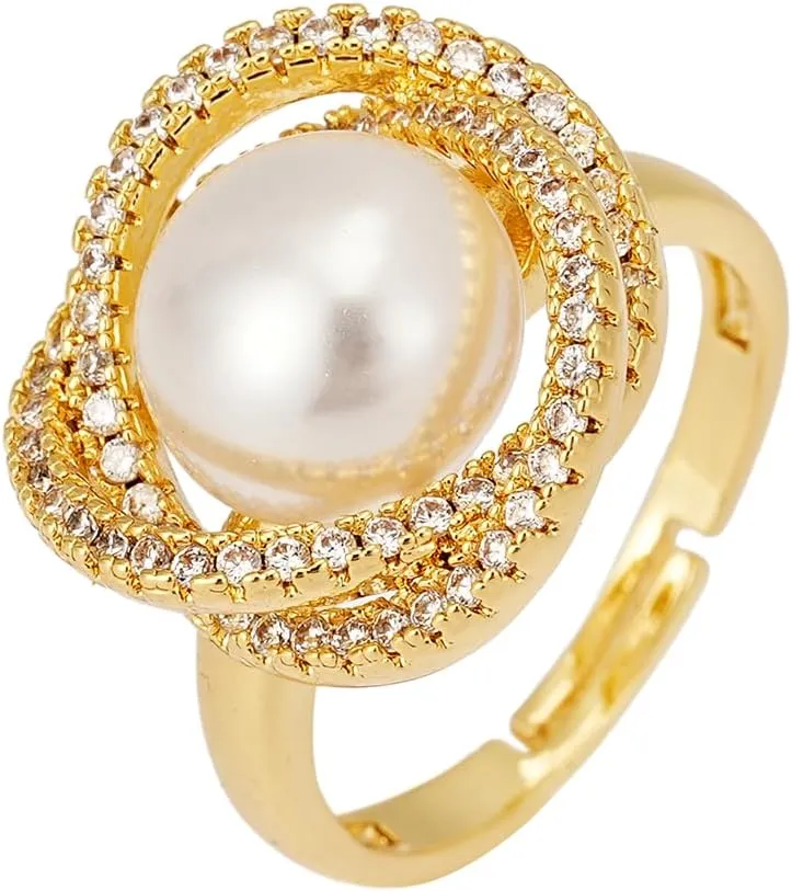 18K Gold Plated Pearl Adjustable Ring with Zirconia  Elegant Jewelry for Women  Adjustable Luxury Wedding Statement Ring Open Ring Flexible Fit Birthday Jewelry
