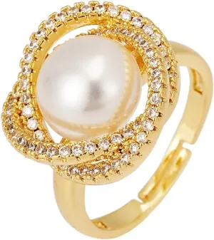 18K Gold Plated Pearl Adjustable Ring with Zirconia  Elegant Jewelry for Women  Adjustable Luxury Wedding Statement Ring Open Ring Flexible Fit Birthday Jewelry