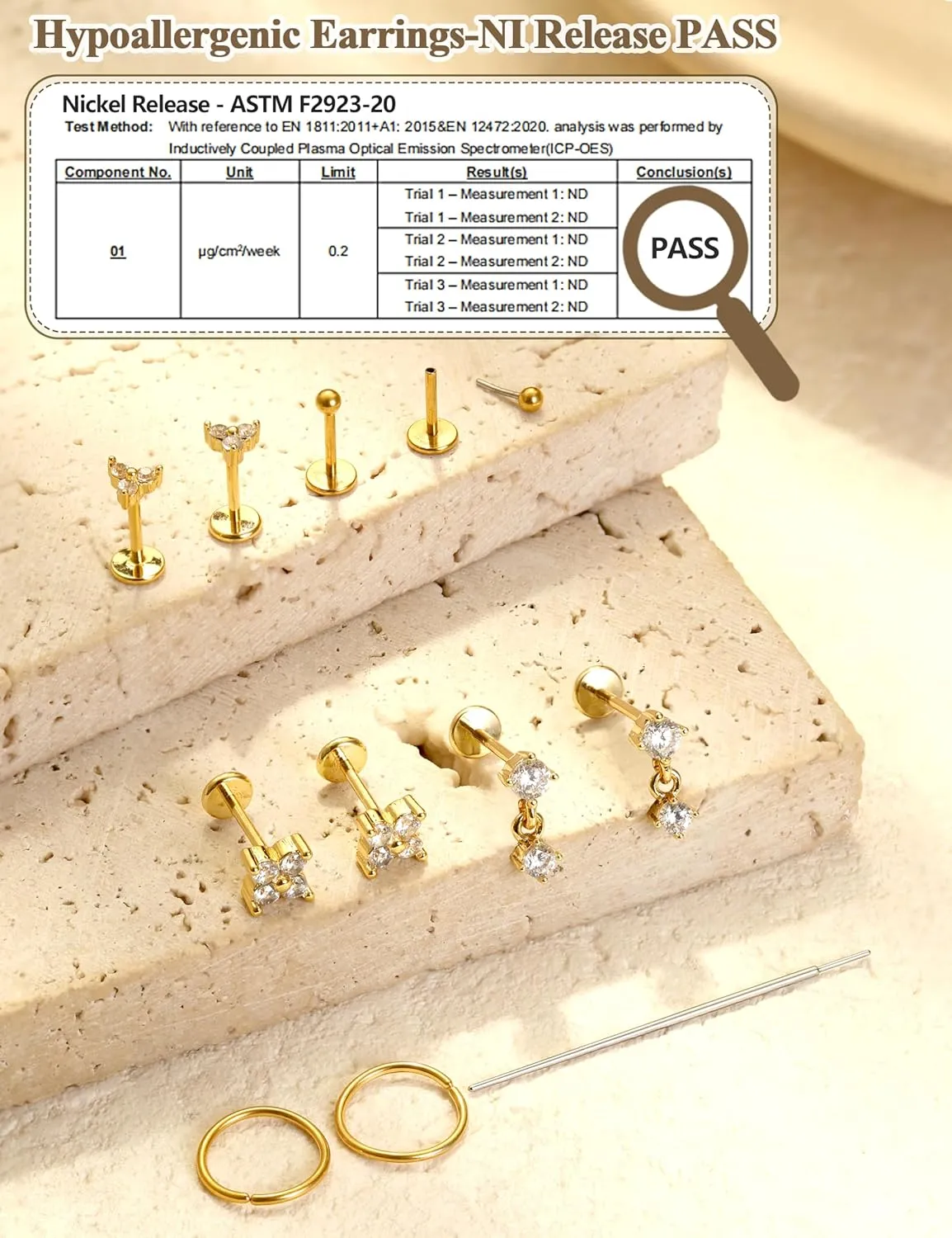 18K Gold Plated Threadless Flat Back Earrings Studs 316L Surgical Steel Push in Nose Studs Rings 20G 18G 16G CZ Tragus Cartilage Helix Conch Lip Labret Medusa Nostril Piercing Jewelry Hypoallergenic