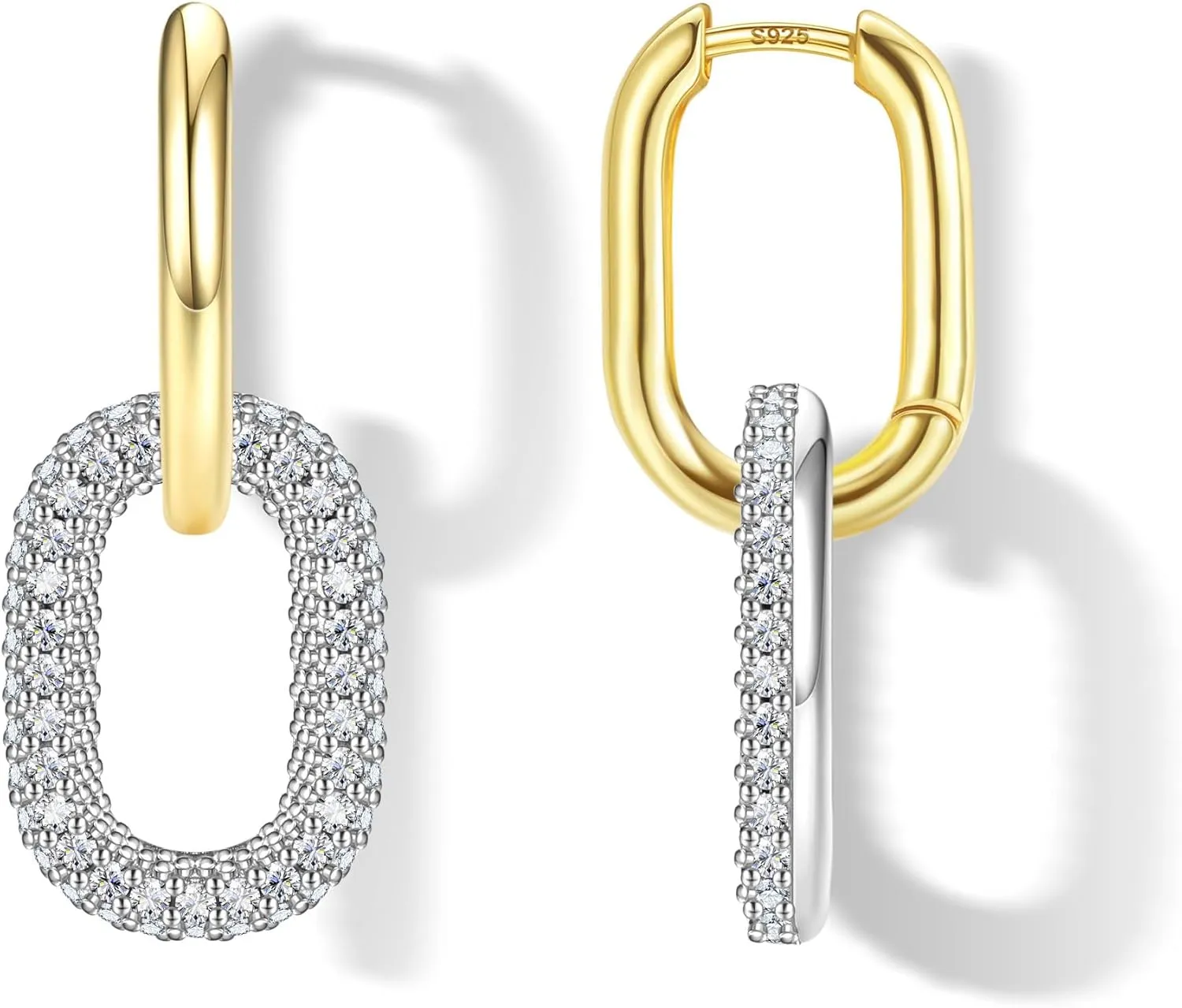 18K Gold Plated Two Tone Gold Silver Hoop Earrings for Women Hypoallergenic - 925 Sterling Silver Drop Dangle Paperclip Huggie Hoop Earrings - Chain Link Dangle Earrings Jewelry