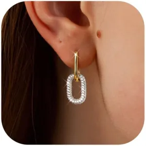 18K Gold Plated Two Tone Gold Silver Hoop Earrings for Women Hypoallergenic - 925 Sterling Silver Drop Dangle Paperclip Huggie Hoop Earrings - Chain Link Dangle Earrings Jewelry