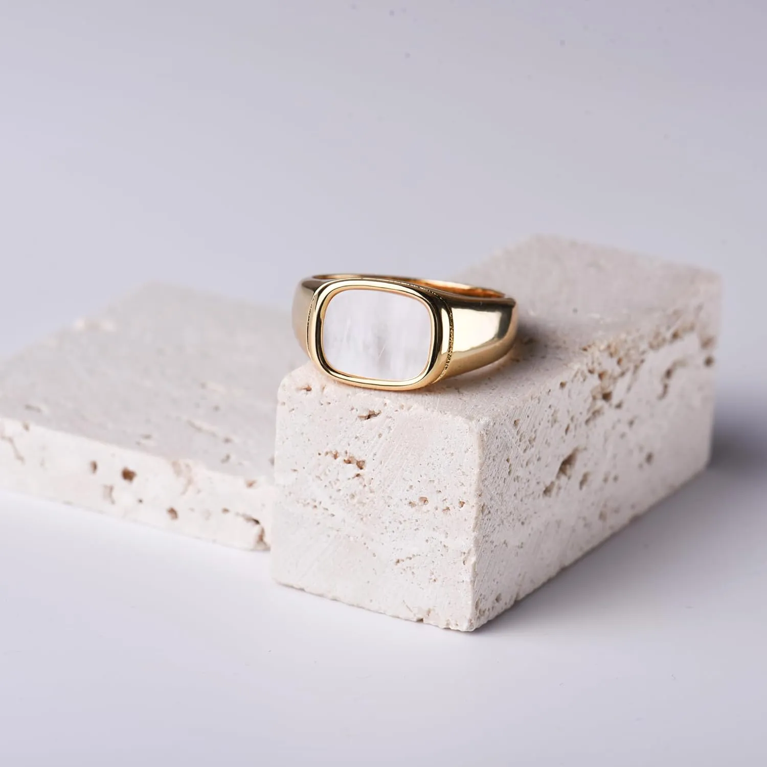 18K Gold Plated Women's Starburst Signet Ring - Minimalist Mother of Pearl Statement Piece