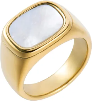 18K Gold Plated Women's Starburst Signet Ring - Minimalist Mother of Pearl Statement Piece