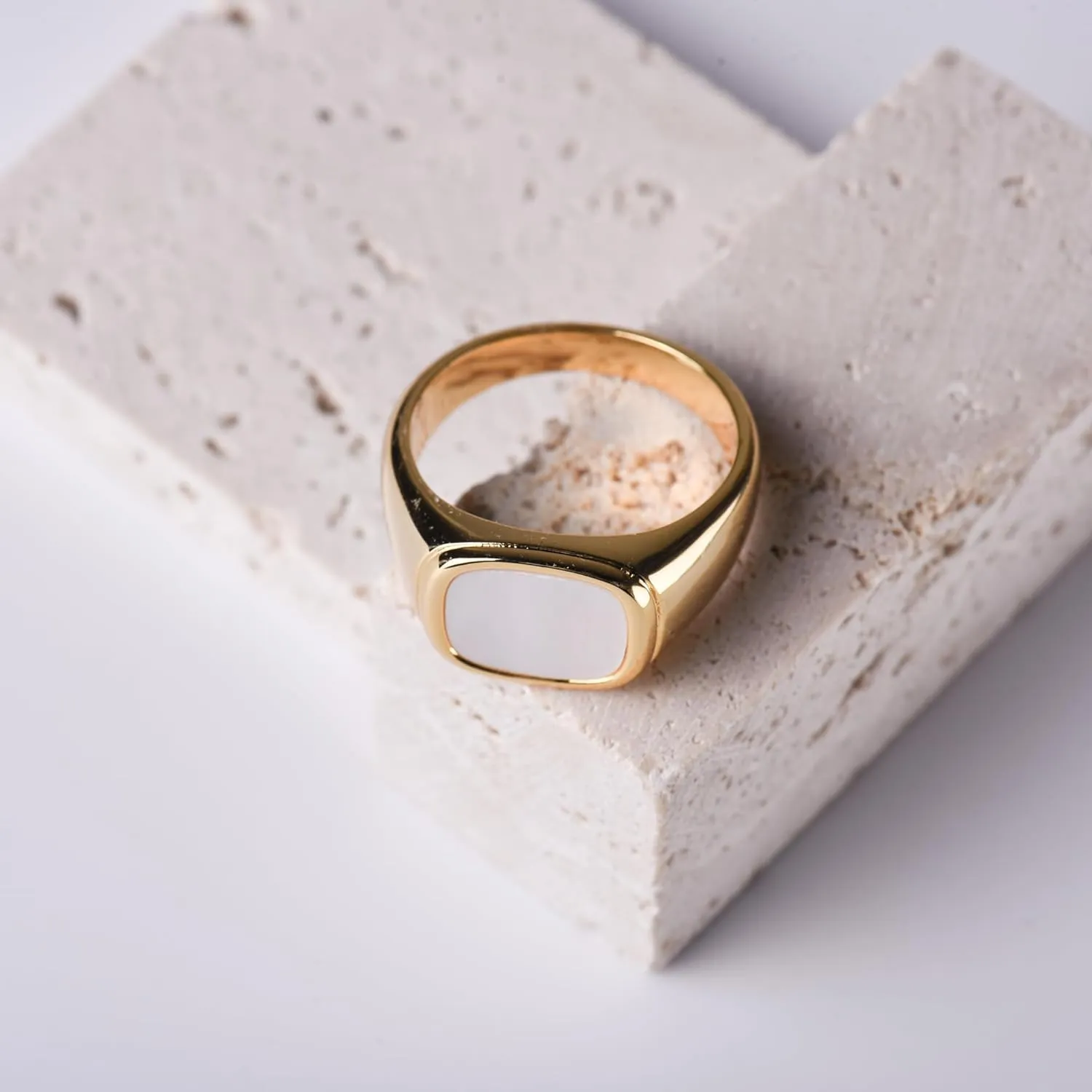 18K Gold Plated Women's Starburst Signet Ring - Minimalist Mother of Pearl Statement Piece