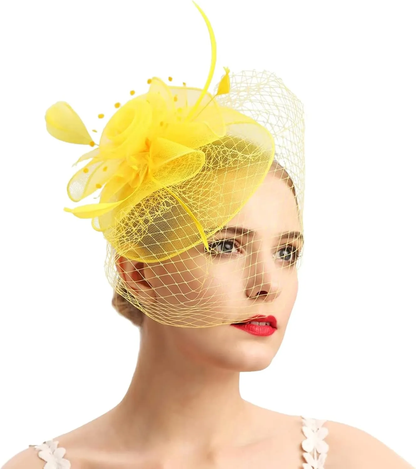 1920s Fascinator Hat,Hair Clip Mini Tea Party Hats for Women, Black Satin Mini Top Hat Hair Clip with (Yellow, One Size)