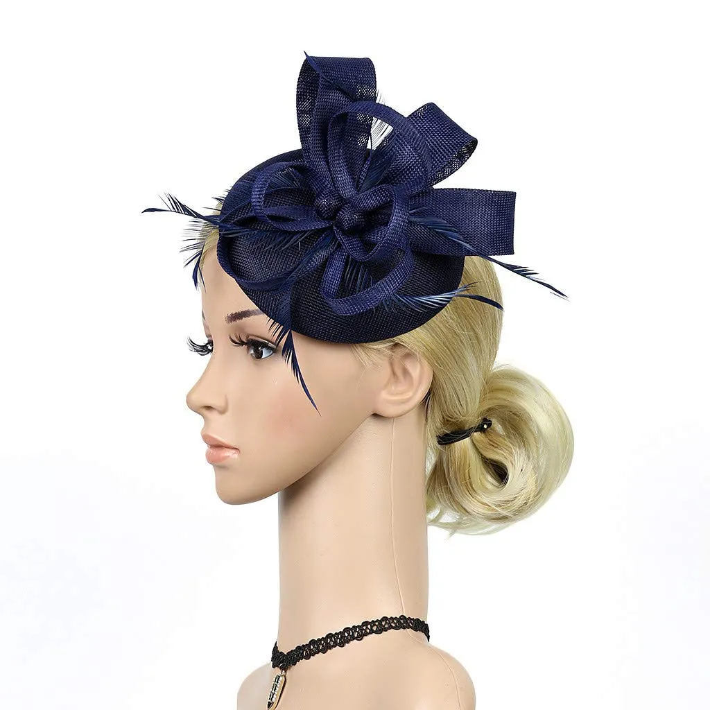 1920s Headpiece Flapper Headband Fancy Womens Fascinator Hair Clips Headband Clip Church Mesh Feathers on a Headband (A-Navy, One Size)