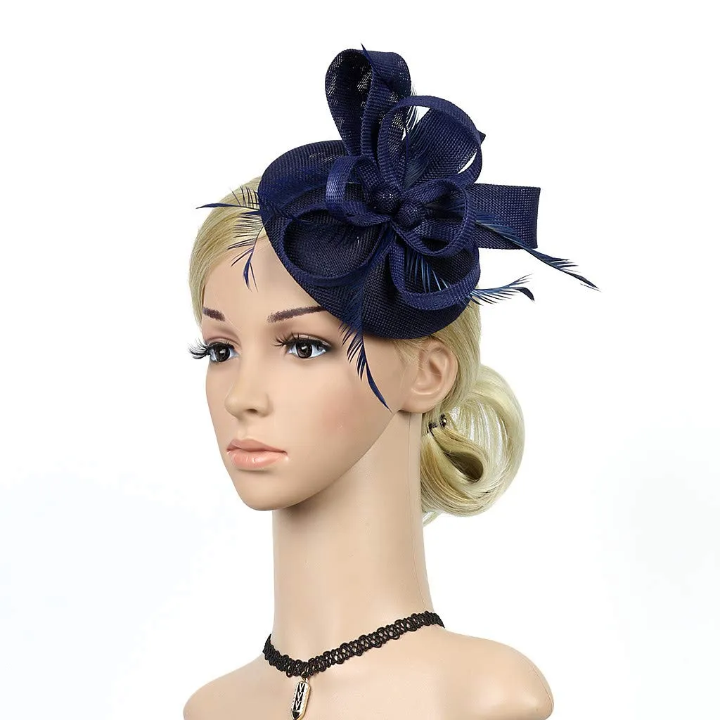 1920s Headpiece Flapper Headband Fancy Womens Fascinator Hair Clips Headband Clip Church Mesh Feathers on a Headband (A-Navy, One Size)