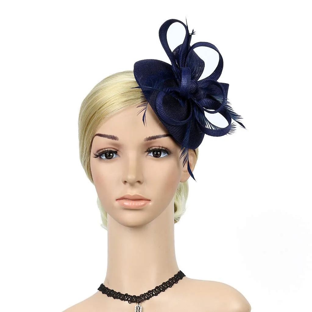 1920s Headpiece Flapper Headband Fancy Womens Fascinator Hair Clips Headband Clip Church Mesh Feathers on a Headband (A-Navy, One Size)