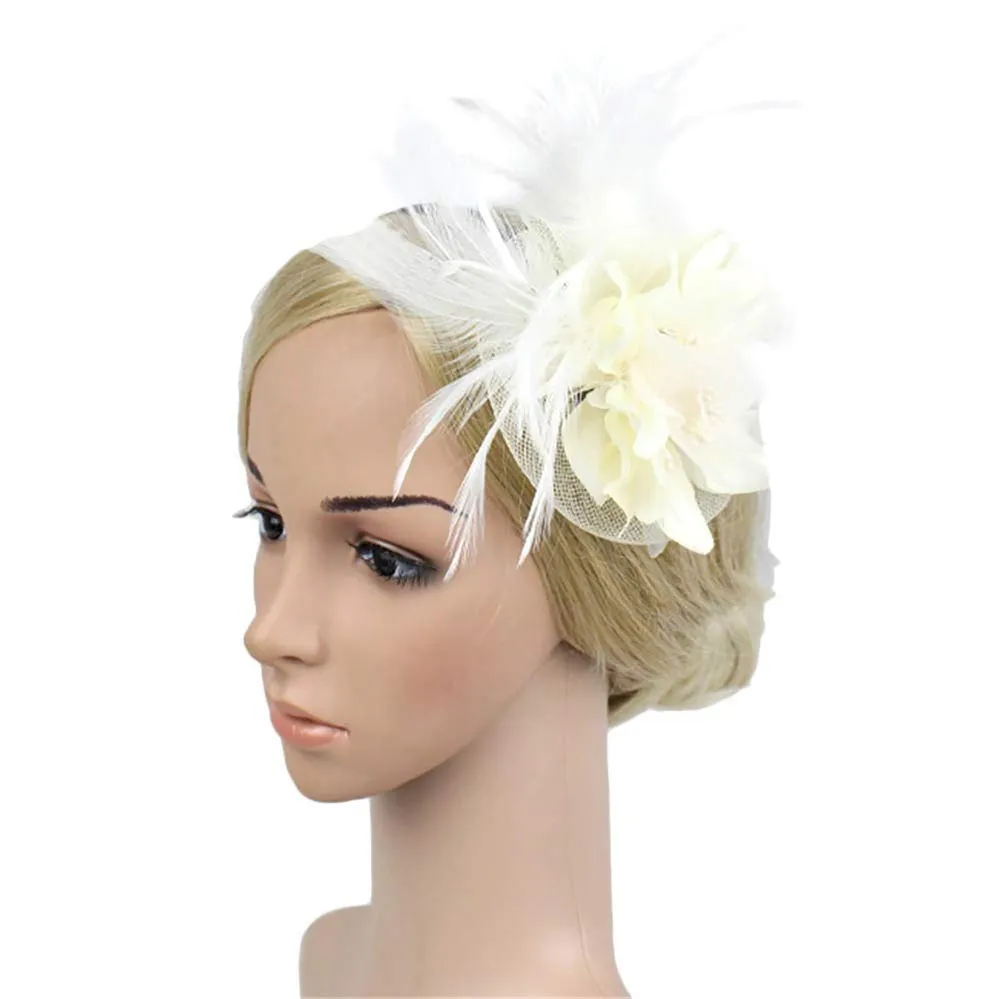 1920s Headpiece Flapper Headband Fancy Womens Fascinator Hair Clips Headband Clip Church Mesh Feathers on a Headband (F-Beige, One Size)