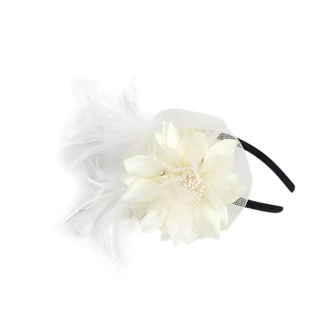 1920s Headpiece Flapper Headband Fancy Womens Fascinator Hair Clips Headband Clip Church Mesh Feathers on a Headband (F-Beige, One Size)