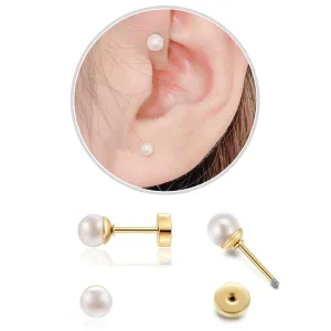 1Pairs Flat Back Dainty Pearl Earrings for Women - 14K Gold Hypoallergenic Cartilage Earring 3mm Faux Pearl Stud Earrings Screw Back Gold Stud Earrings for Women, Suitable Gifts for Women