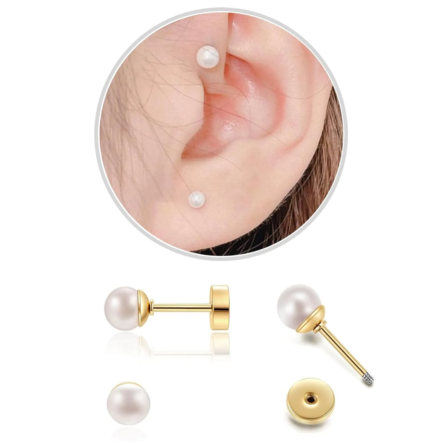 1Pairs Flat Back Dainty Pearl Earrings for Women - 14K Gold Hypoallergenic Cartilage Earring 3mm Faux Pearl Stud Earrings Screw Back Gold Stud Earrings for Women, Suitable Gifts for Women