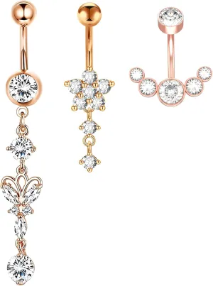 1SET Rose Gold 1.6mm(14G) Long Stainless Steel Dangling Belly Button Rings piercing For Women Navel Rings Barbell Dangle Butterfly Flower Cuff Earrings Body Piercing Jewelry Hypoallergenic 10mm