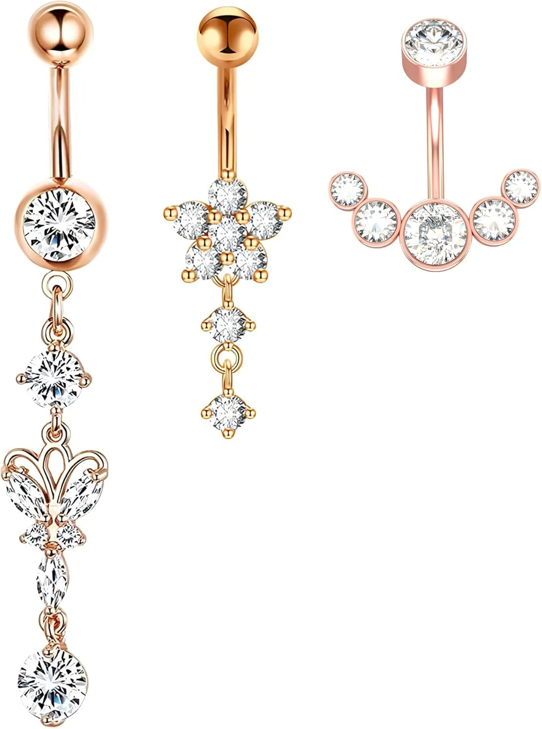 1SET Rose Gold 1.6mm(14G) Long Stainless Steel Dangling Belly Button Rings piercing For Women Navel Rings Barbell Dangle Butterfly Flower Cuff Earrings Body Piercing Jewelry Hypoallergenic 10mm