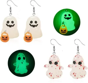 2 Pairs Glow in The Dark Earrings - Cute Halloween Dangle Earrings with Spooky Pumpkin Design